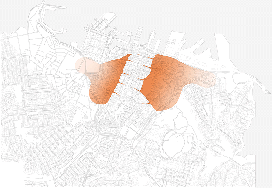 Map showing the areas of the city centre that Transformational move 2: East and west stitch, proposes to connect.