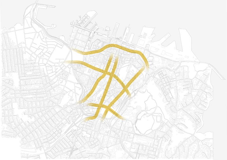 Map indicating public transport arterial routes in the city centre.