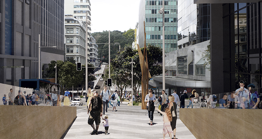 Aotea CRL station will lead into a linear park running the length of Victoria Street, with trees, , seating, better footways and a new cycleway.